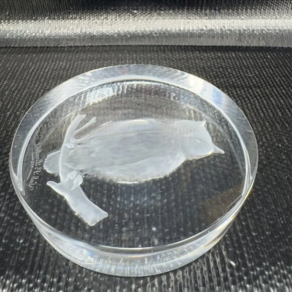 Val Saint Lambert Intaglio‎ Perched Owl Glass Paperweight Signed Clear Crystal